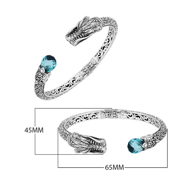 Wholesale sterling silver dragon head cuff bracelet with blue topaz quartz handcrafted in Bali