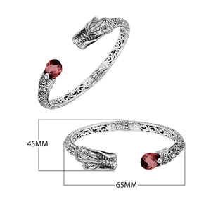 Wholesale sterling silver dragon head cuff bracelet with garnet quartz handcrafted in Bali