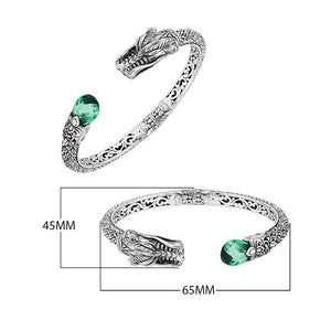 Wholesale sterling silver dragon head cuff bracelet with green quartz handcrafted in Bali