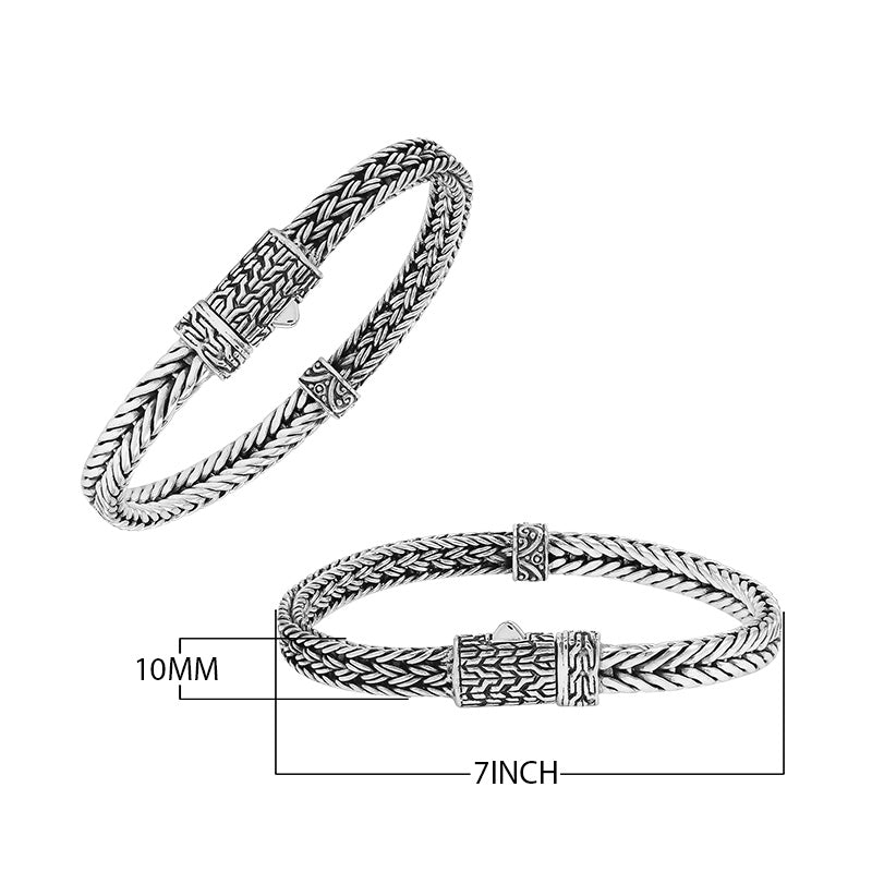 Sterling silver woven chain bracelet featuring ornamental detailing and a secure push clasp, designed for professional jewelry retailers and wholesale distributors.