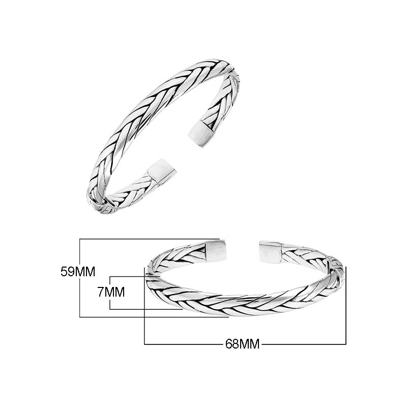 A wholesale sterling silver small woven bangle featuring polished Balinese textures, smooth finishing, and a secure hinge lock perfect for lightweight premium jewelry collections.