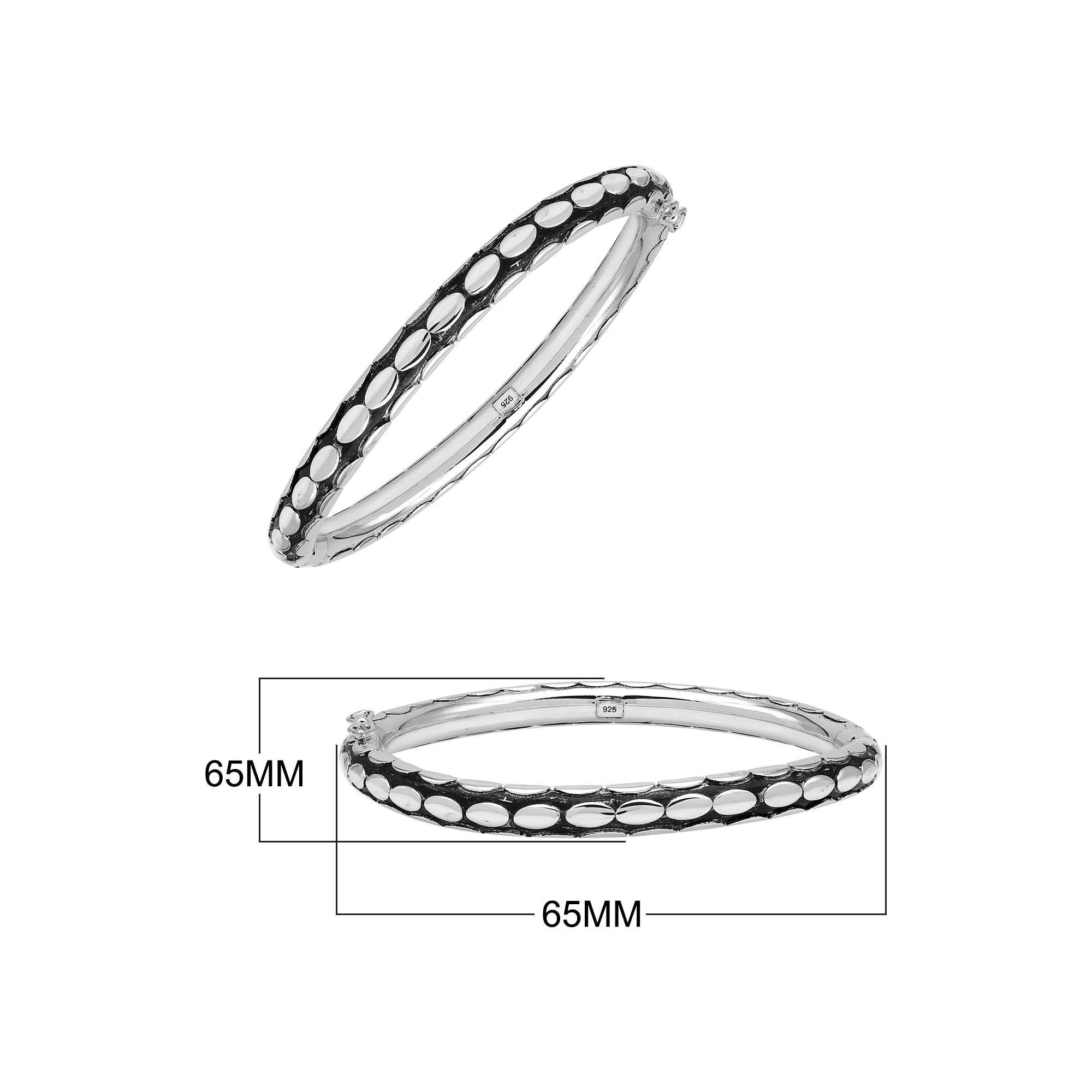 Sterling silver medium-size bangle featuring bold oval textured detailing, polished and oxidized finish, and secure hinge lock with safety latch for wholesale jewelry buyers.