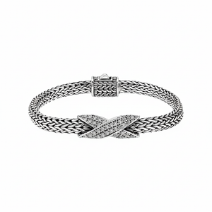 Sterling silver woven chain bracelet with White Cubic Zirconia crossover accent handcrafted in Bali.