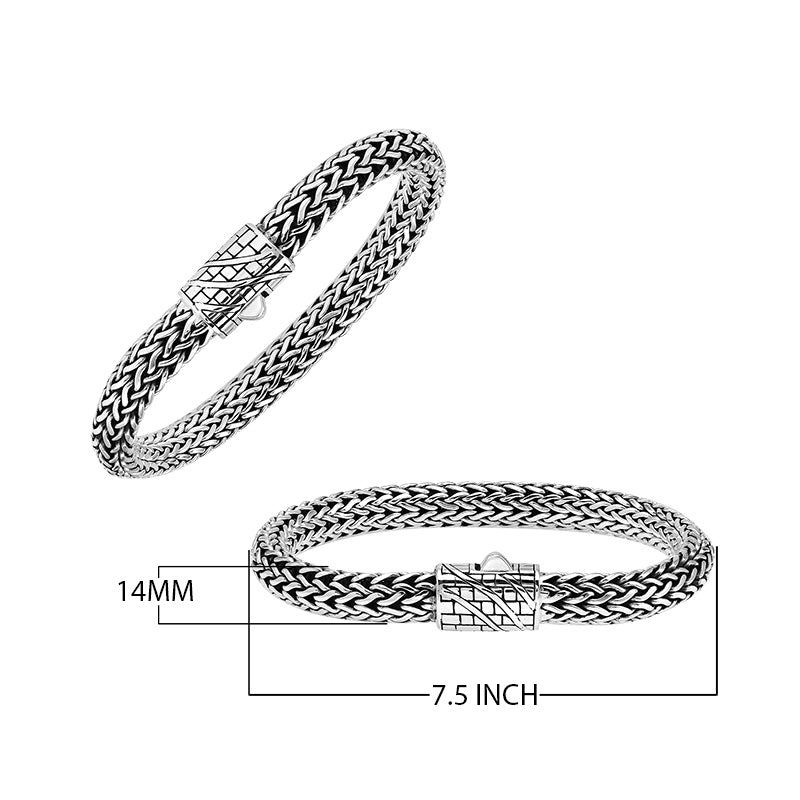 A wholesale sterling silver wide woven bracelet featuring an engraved push clasp, polished and oxidized detailing, and bold textured links crafted for premium bulk jewelry collections.