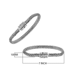 A wholesale sterling silver compact woven bracelet with an etched push clasp, featuring polished and oxidized detailing crafted for high-quality bulk jewelry collections.