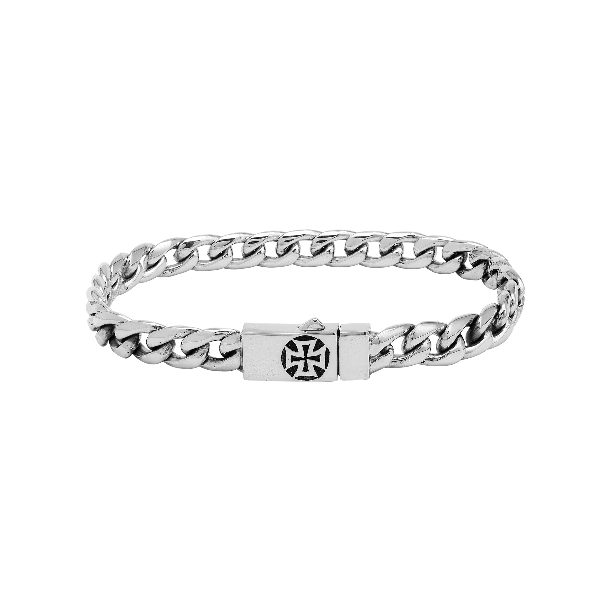 A wholesale sterling silver classic curb bracelet featuring a polished finish and engraved Push Clasp, crafted with refined contemporary styling for premium bulk jewelry selections.