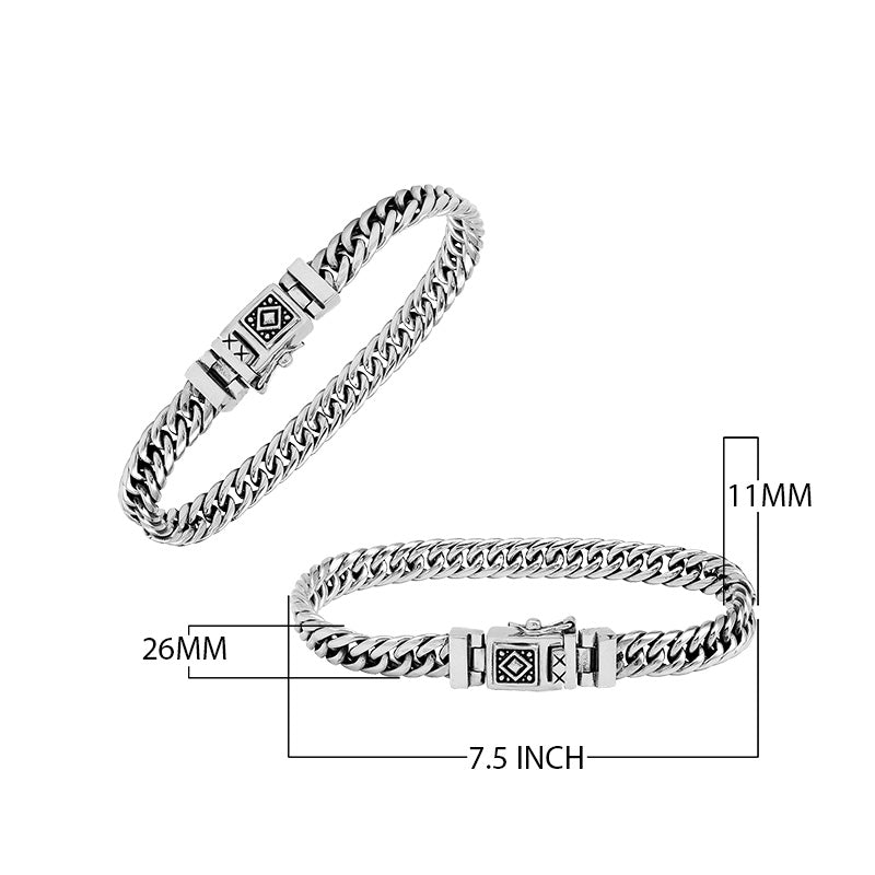 Sterling Silver chain bracelet featuring a polished surface and a secure push clasp decorated with tribal pattern detailing, crafted for durable everyday wear and elegant appeal.