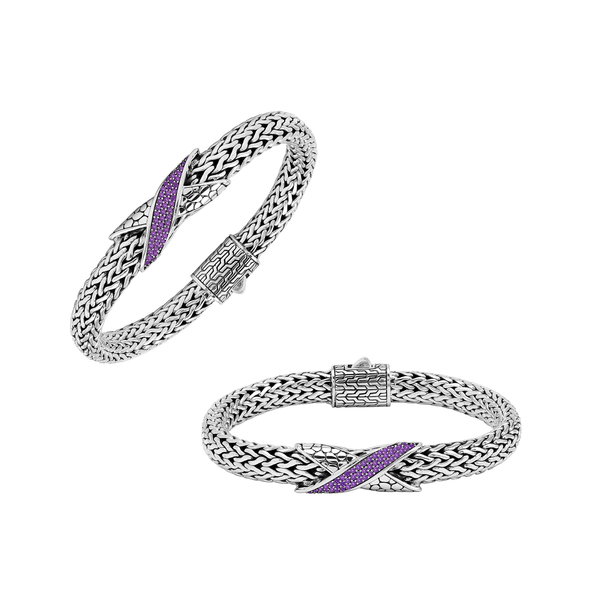 Sterling Silver woven chain bracelet featuring a polished push clasp and a central Amethyst Quartz accented section, designed for durable, elegant, and high-quality wholesale presentation.