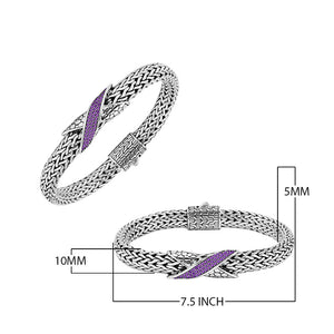 Sterling Silver woven chain bracelet featuring a polished push clasp and a central Amethyst Quartz accented section, designed for durable, elegant, and high-quality wholesale presentation.