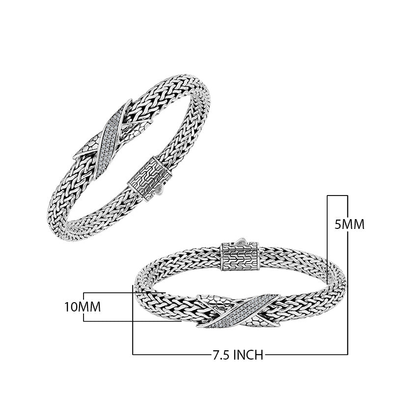 Sterling Silver woven bracelet featuring a polished push clasp and a sparkling Cubic Zirconia crisscross centerpiece, designed with durable construction and fine detailing for professional wholesale presentation.