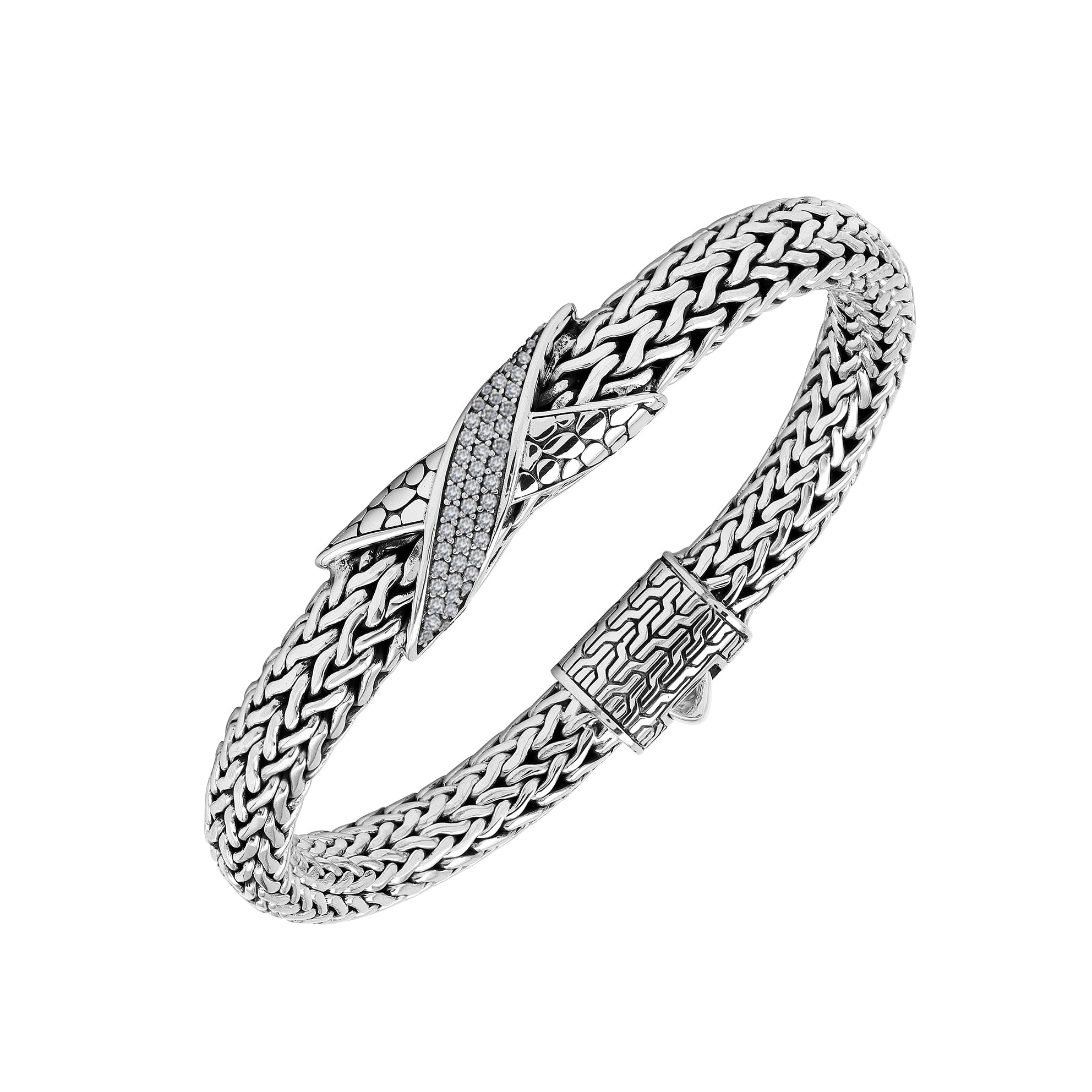 Sterling Silver woven bracelet featuring a polished push clasp and a sparkling Cubic Zirconia crisscross centerpiece, designed with durable construction and fine detailing for professional wholesale presentation.