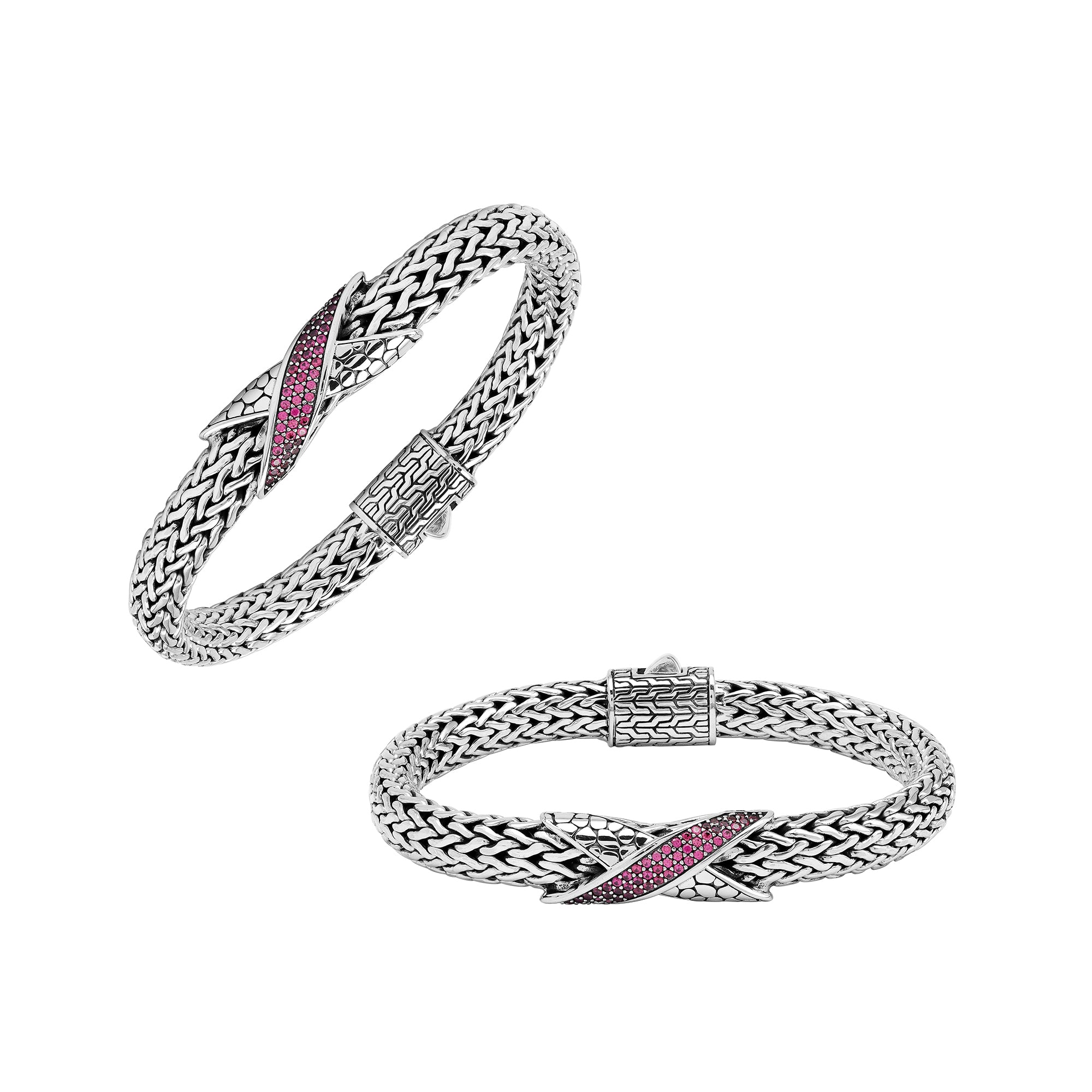 Sterling Silver woven chain bracelet featuring a polished push clasp and a Ruby Quartz crisscross accent centerpiece crafted with detailed metalwork for an elegant and durable wholesale presentation.