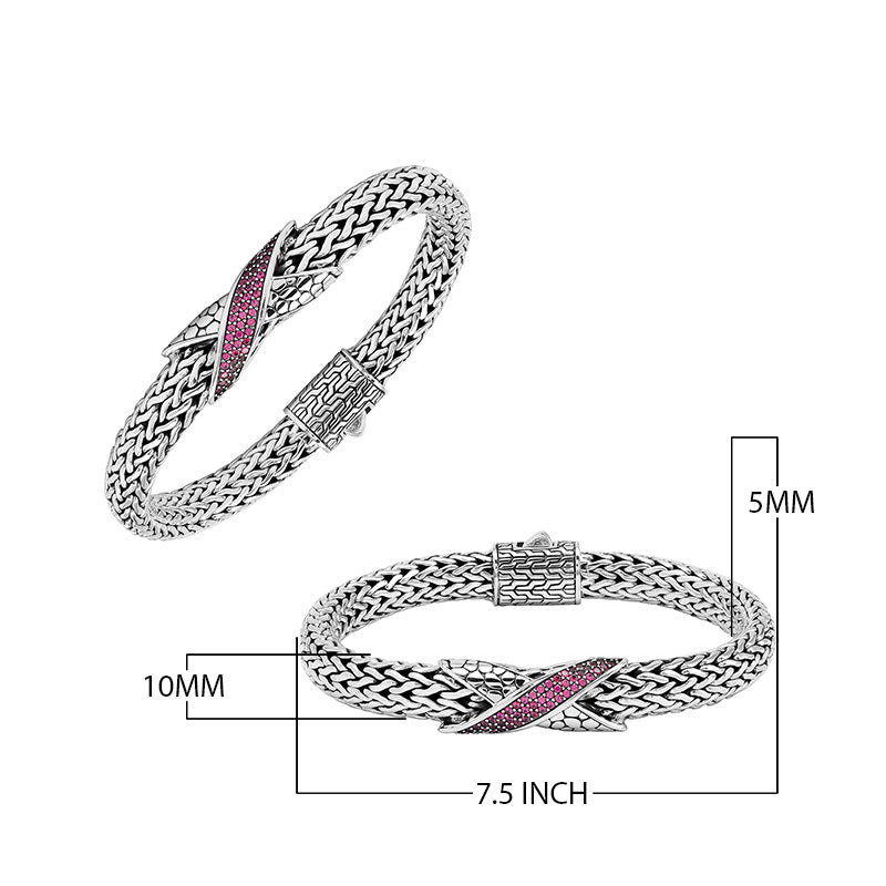Sterling Silver woven chain bracelet featuring a polished push clasp and a Ruby Quartz crisscross accent centerpiece crafted with detailed metalwork for an elegant and durable wholesale presentation.
