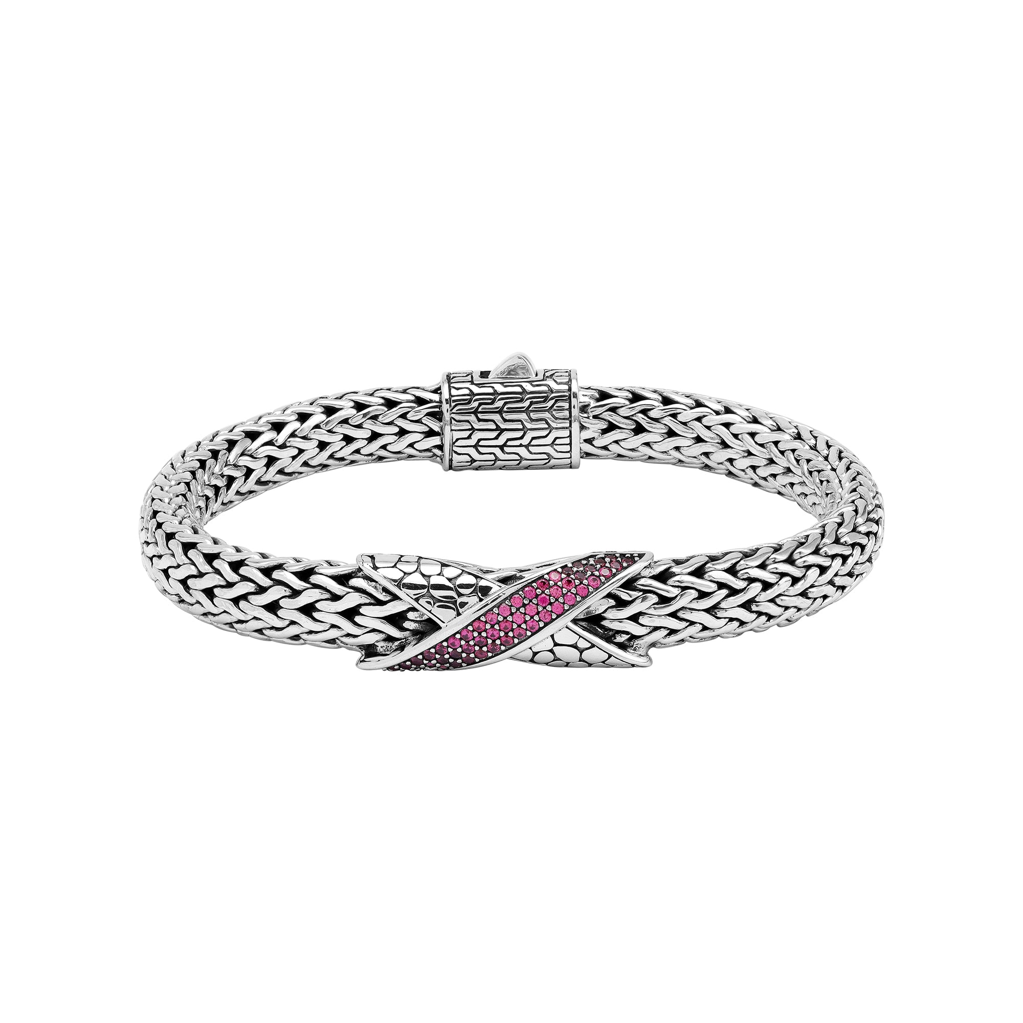 Sterling Silver woven chain bracelet featuring a polished push clasp and a Ruby Quartz crisscross accent centerpiece crafted with detailed metalwork for an elegant and durable wholesale presentation.