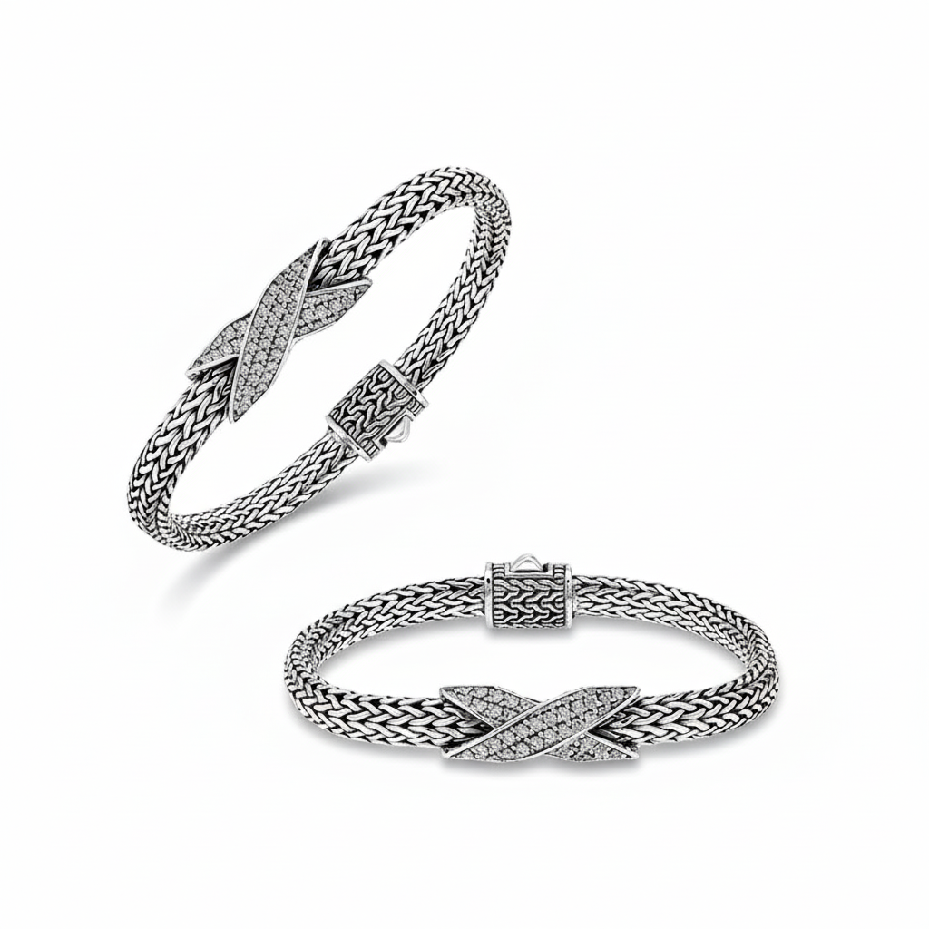 Sterling silver woven chain bracelet with White Cubic Zirconia crossover accent handcrafted in Bali.