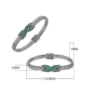 Sterling silver woven chain bracelet with purple Emerald Quartz crossover accent handcrafted in Bali.
