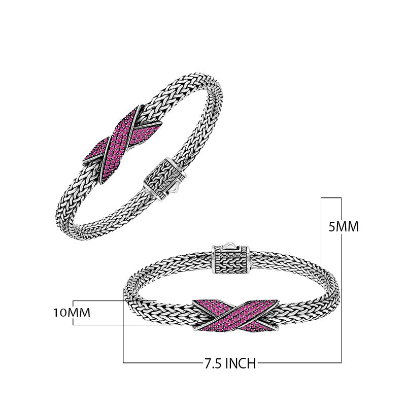 Sterling silver woven chain bracelet with purple Ruby Quartz crossover accent handcrafted in Bali.