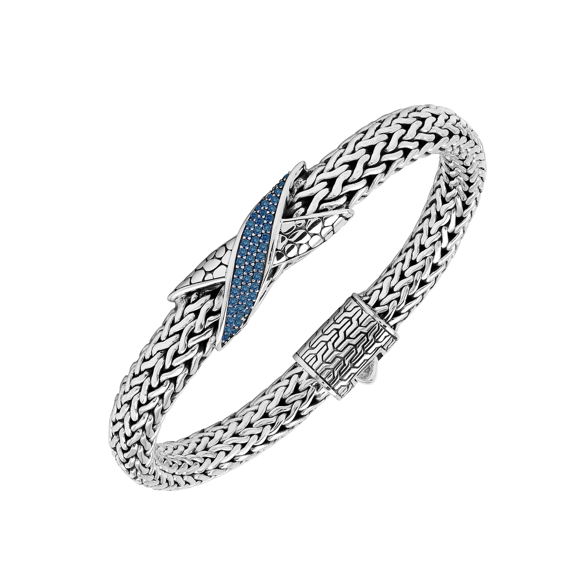 Sterling Silver woven chain bracelet featuring a polished push clasp and a Sapphire Quartz crisscross centerpiece, crafted with detailed metalwork for durable, elegant, and high-quality wholesale presentation.