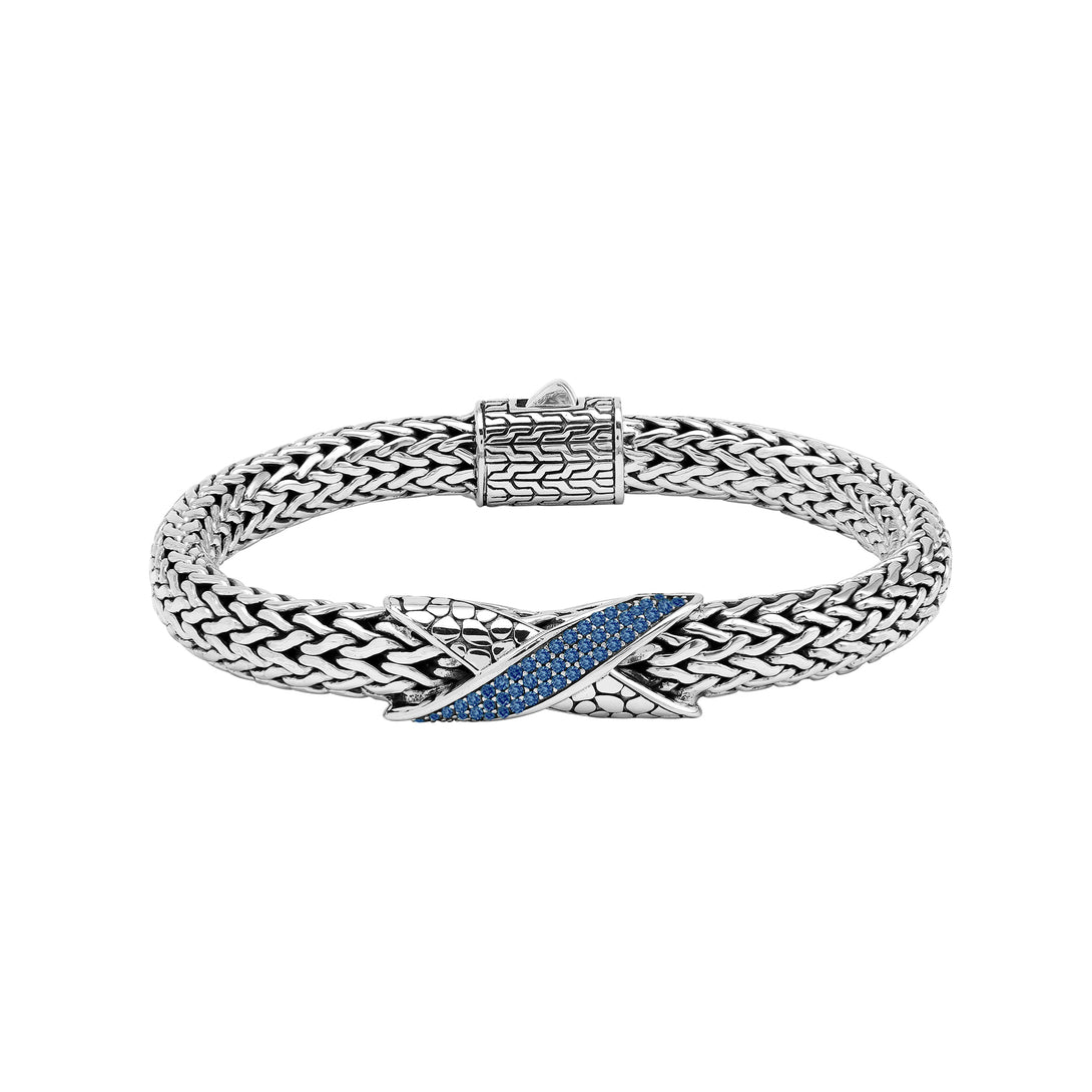 Sterling Silver woven chain bracelet featuring a polished push clasp and a Sapphire Quartz crisscross centerpiece, crafted with detailed metalwork for durable, elegant, and high-quality wholesale presentation.