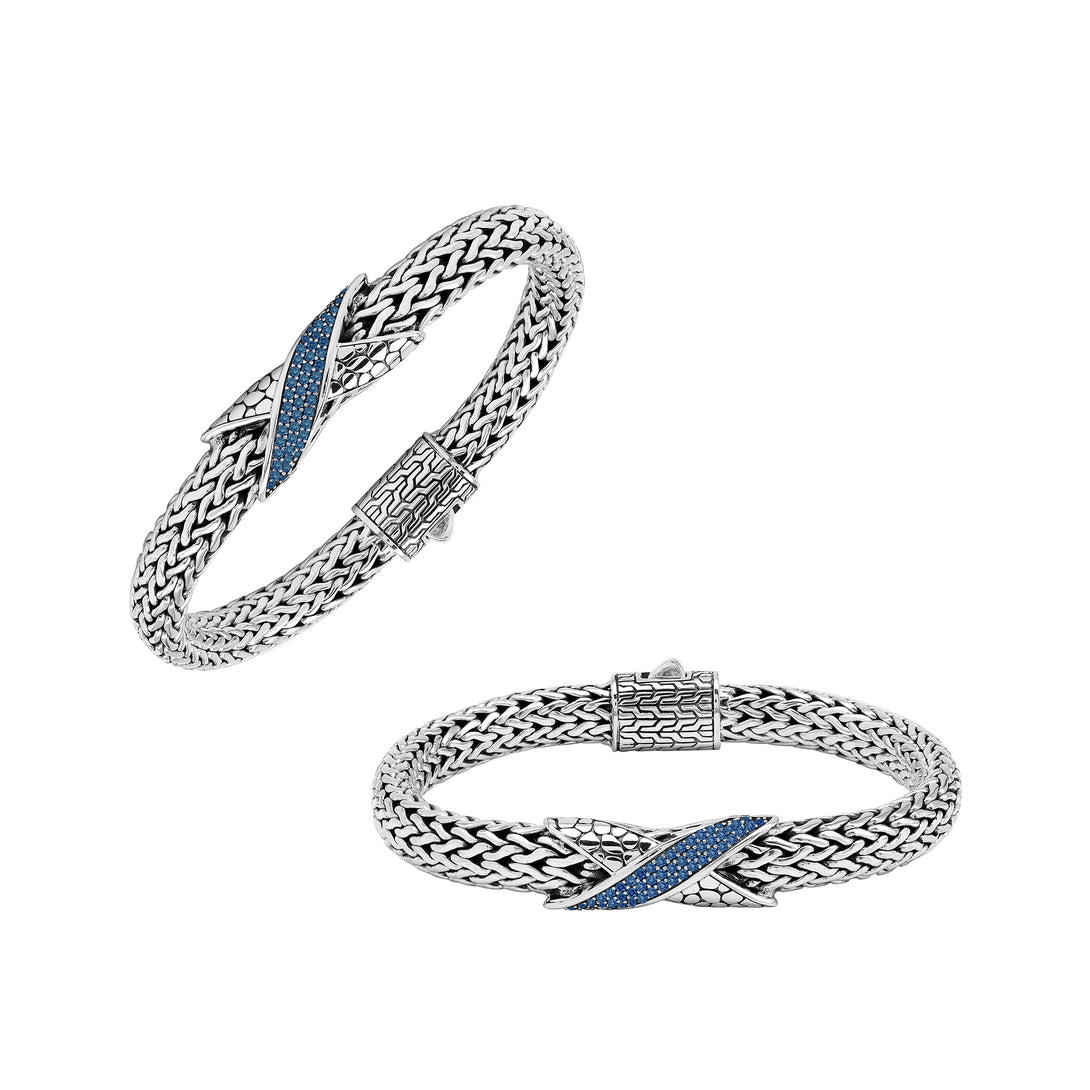 Sterling Silver woven chain bracelet featuring a polished push clasp and a Sapphire Quartz crisscross centerpiece, crafted with detailed metalwork for durable, elegant, and high-quality wholesale presentation.