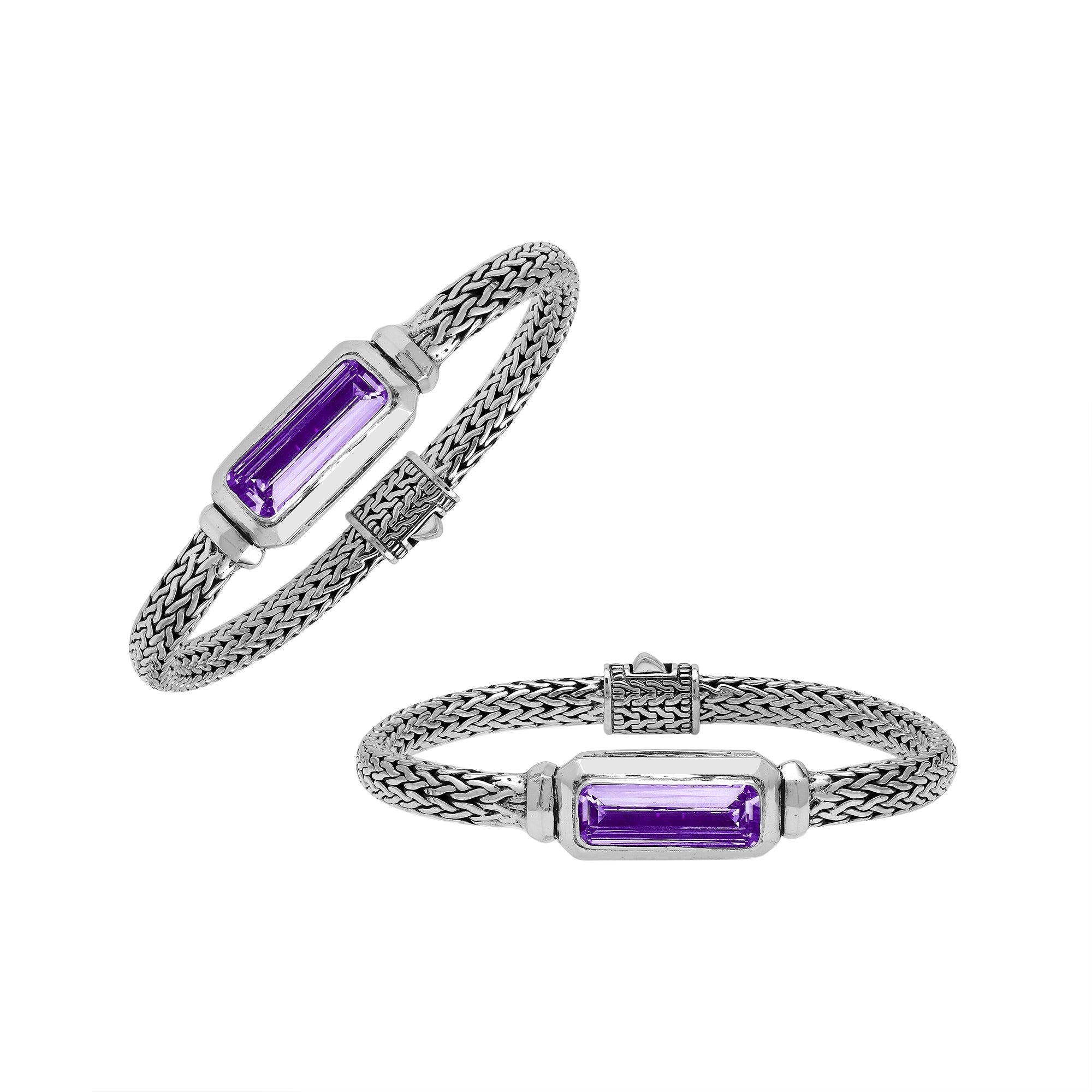 Wholesale sterling silver bracelet with rectangular amethyst quartz baguette and woven silver chain handcrafted in Bali.