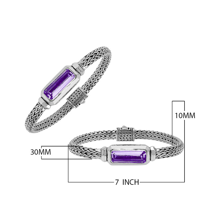 Sterling Silver woven bracelet featuring a polished push clasp and a rectangular Blue Topaz Quartz centerpiece, crafted with detailed metalwork for an elegant and durable wholesale-ready presentation.