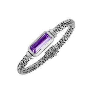 Wholesale sterling silver bracelet with rectangular amethyst quartz baguette and woven silver chain handcrafted in Bali.