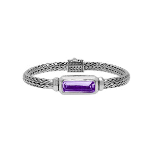 Wholesale sterling silver bracelet with rectangular amethyst quartz baguette and woven silver chain handcrafted in Bali.