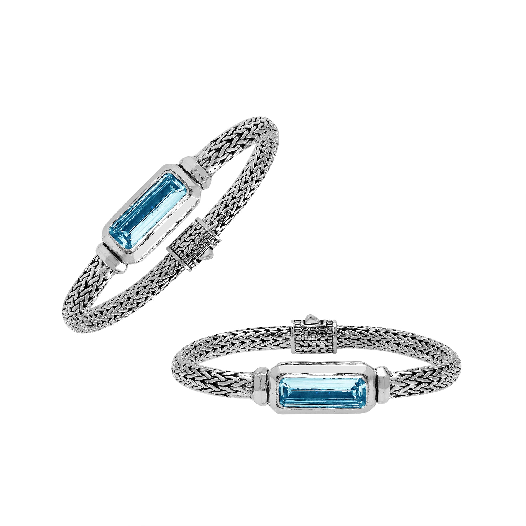 Sterling Silver woven bracelet featuring a polished push clasp and a rectangular Blue Topaz Quartz centerpiece, crafted with detailed metalwork for an elegant and durable wholesale-ready presentation.