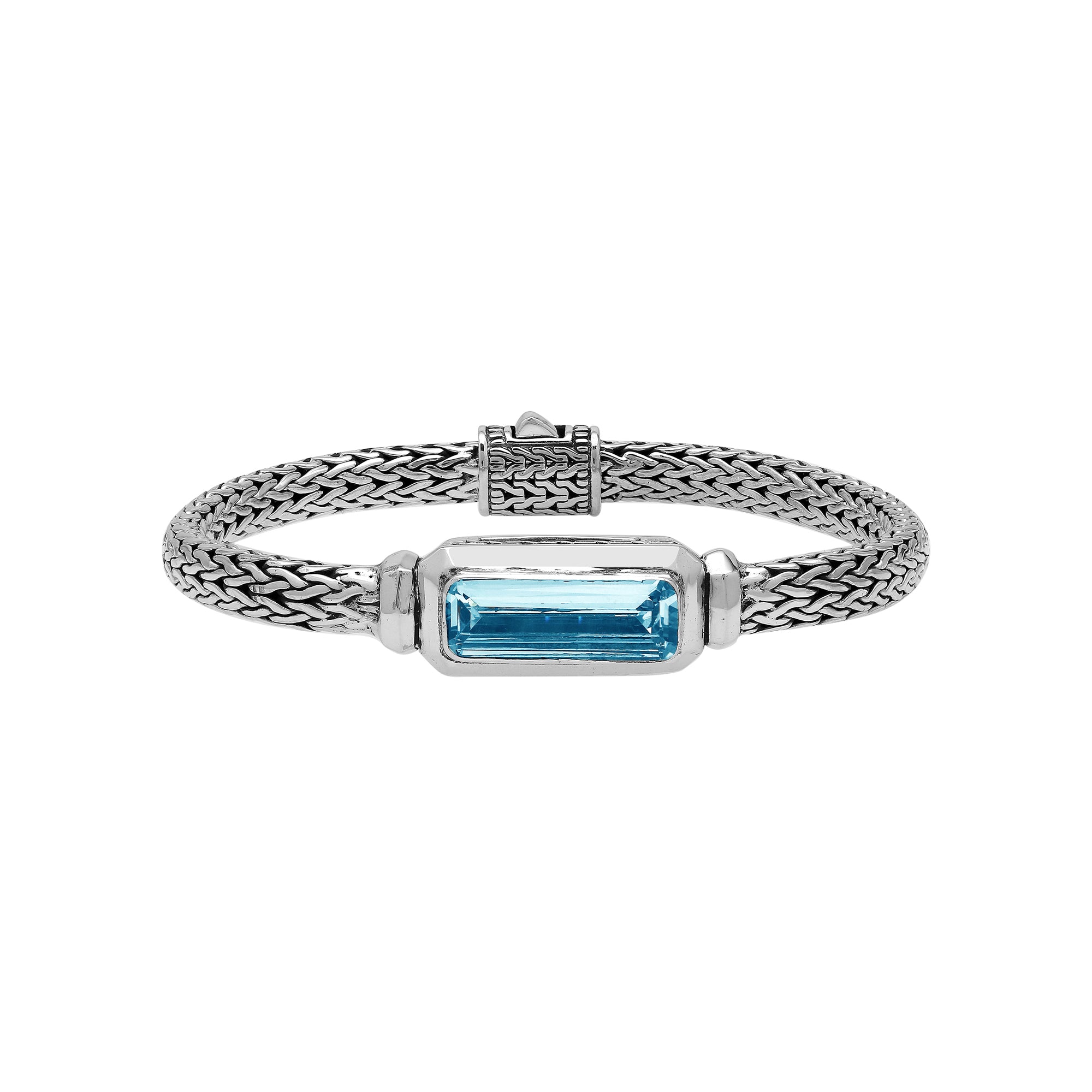 Sterling Silver woven bracelet featuring a polished push clasp and a rectangular Blue Topaz Quartz centerpiece, crafted with detailed metalwork for an elegant and durable wholesale-ready presentation.