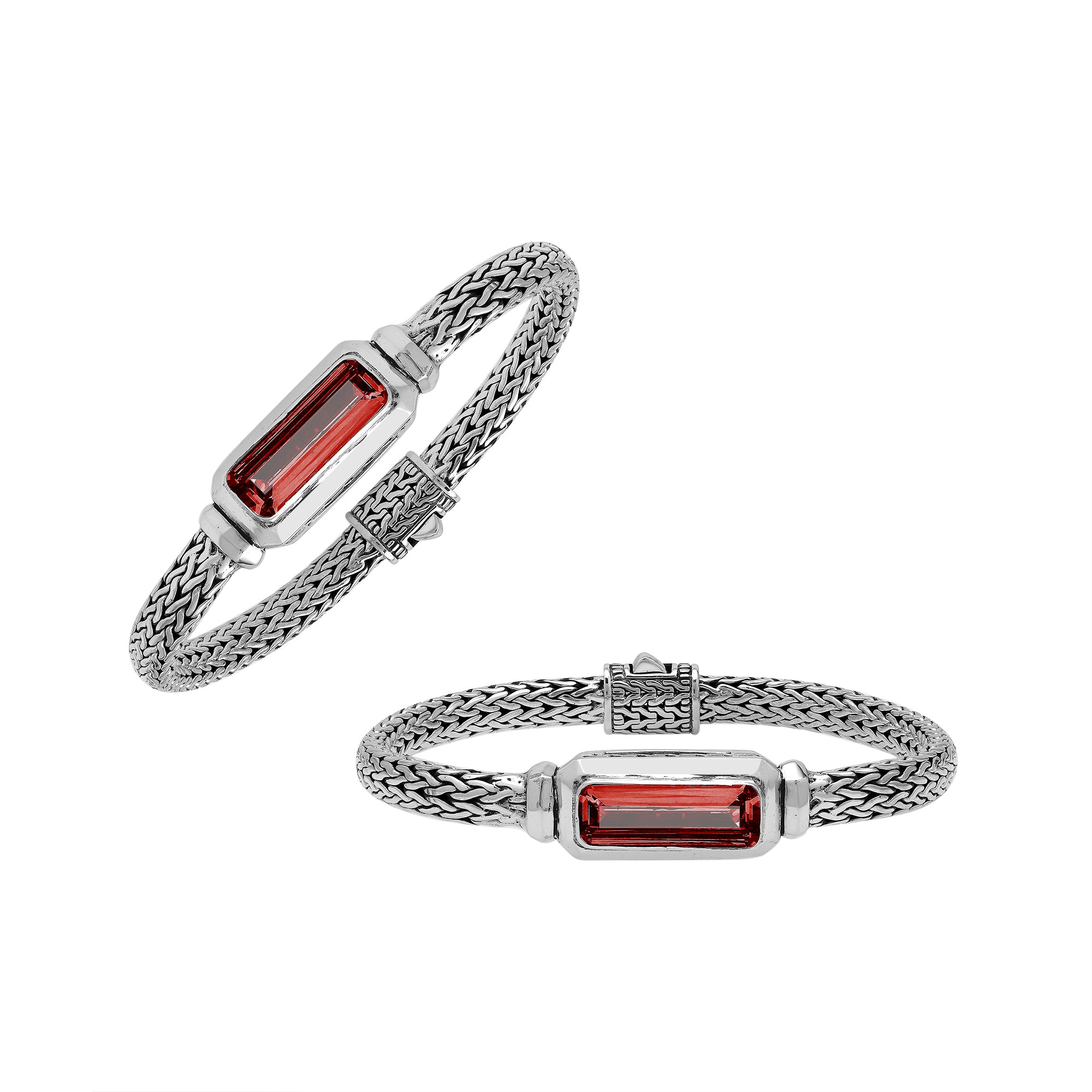 Sterling silver wheat chain bracelet with rectangular garnet quartz centerpiece handcrafted in Bali.