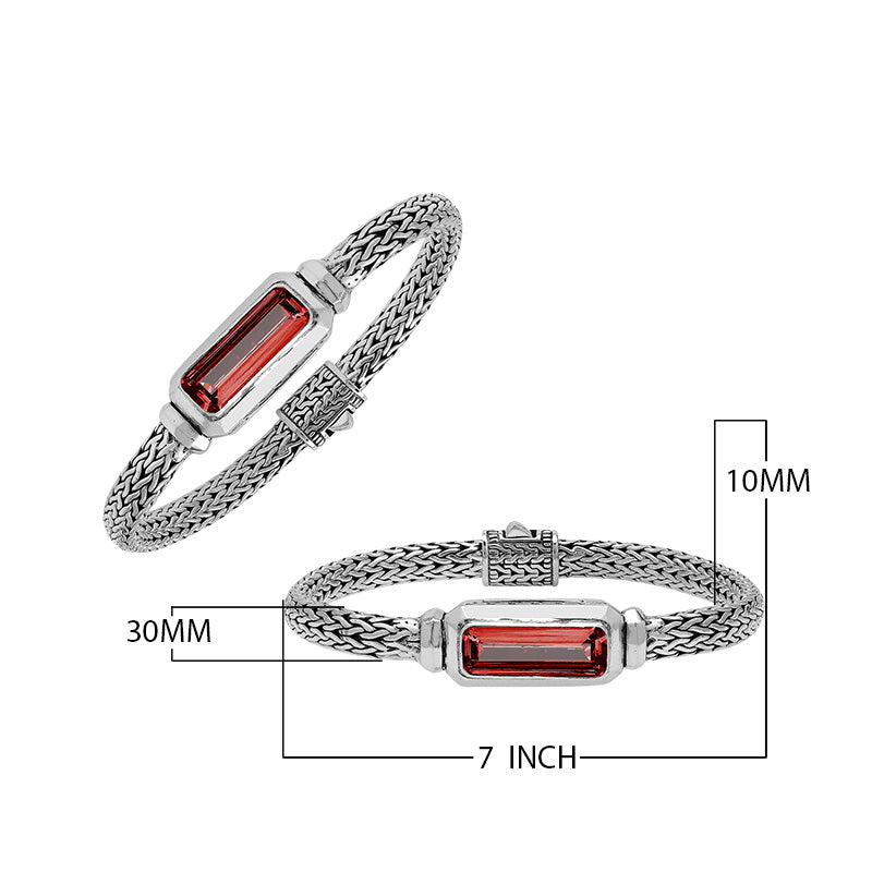 Sterling silver wheat chain bracelet with rectangular garnet quartz centerpiece handcrafted in Bali.
