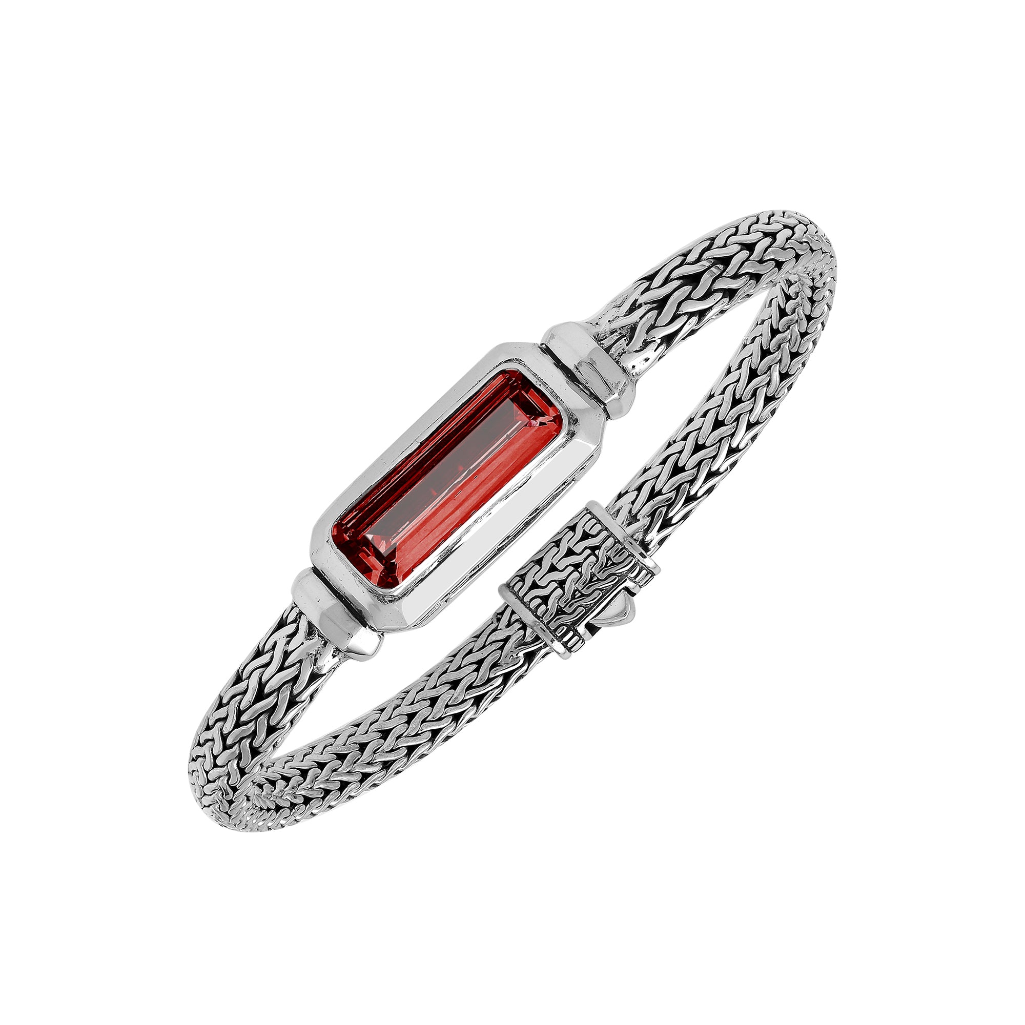 Sterling silver wheat chain bracelet with rectangular garnet quartz centerpiece handcrafted in Bali.