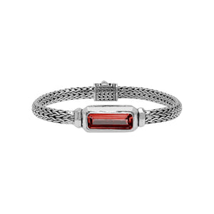 Sterling silver wheat chain bracelet with rectangular garnet quartz centerpiece handcrafted in Bali.