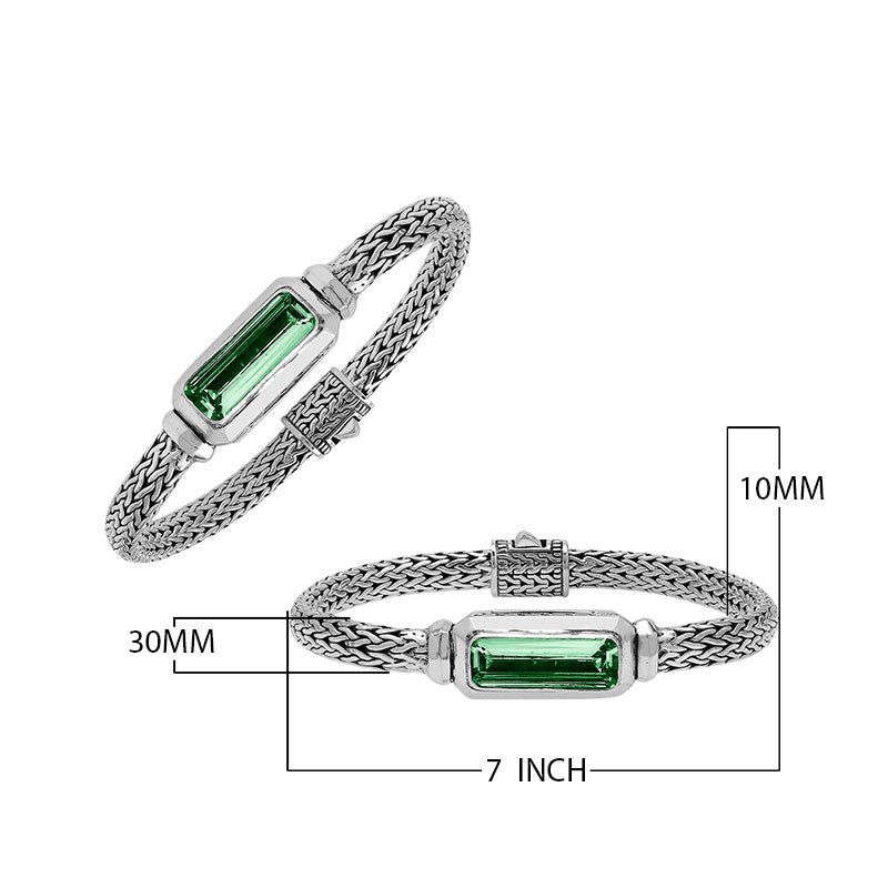 Wholesale sterling silver bracelet with rectangular green quartz baguette and woven chain handcrafted in Bali.