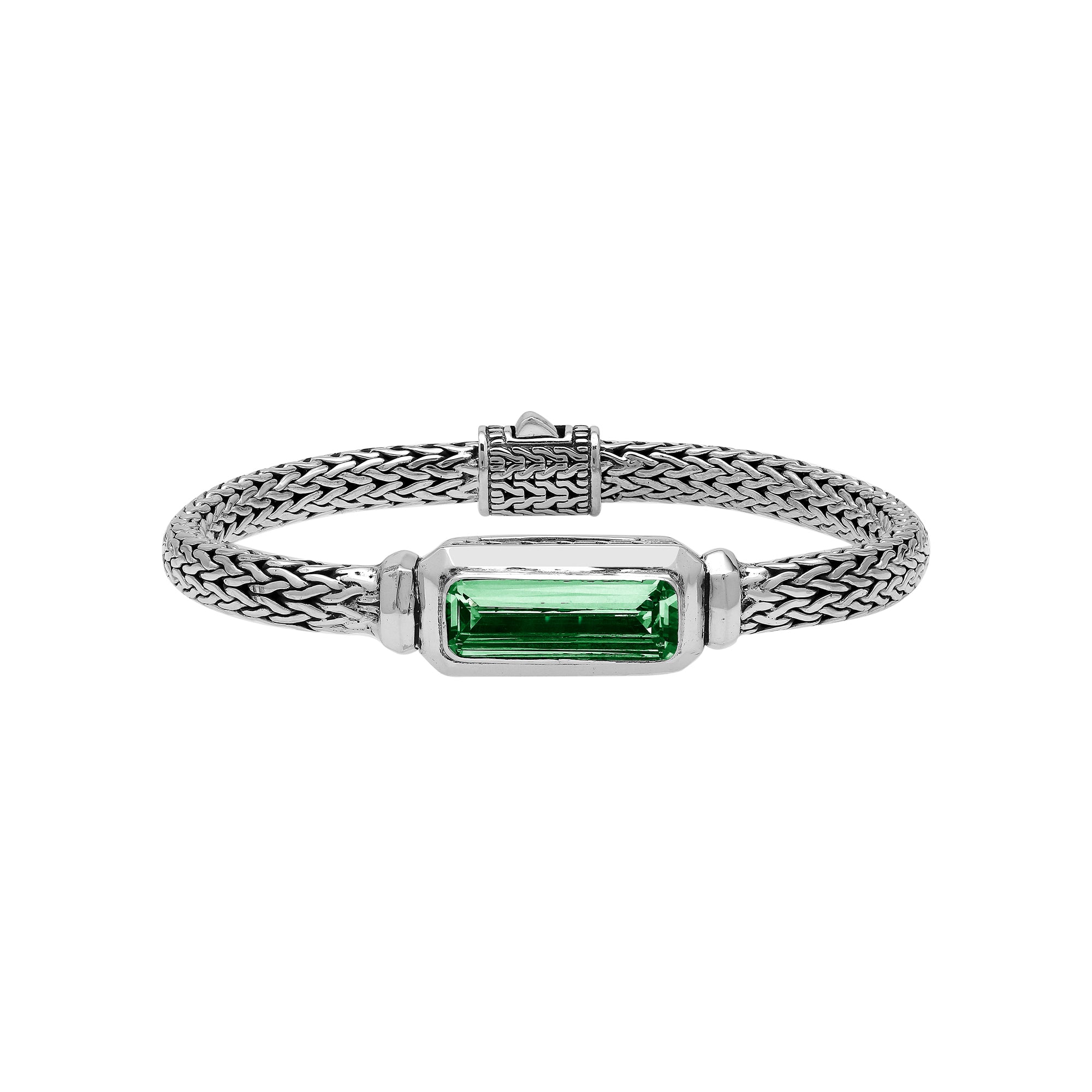 Wholesale sterling silver bracelet with rectangular green quartz baguette and woven chain handcrafted in Bali.