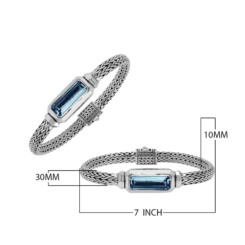 Sterling Silver woven bracelet featuring a polished push clasp and an elongated London Blue Topaz Quartz rectangular centerpiece, crafted with fine detailing for elegant and reliable wholesale presentation.