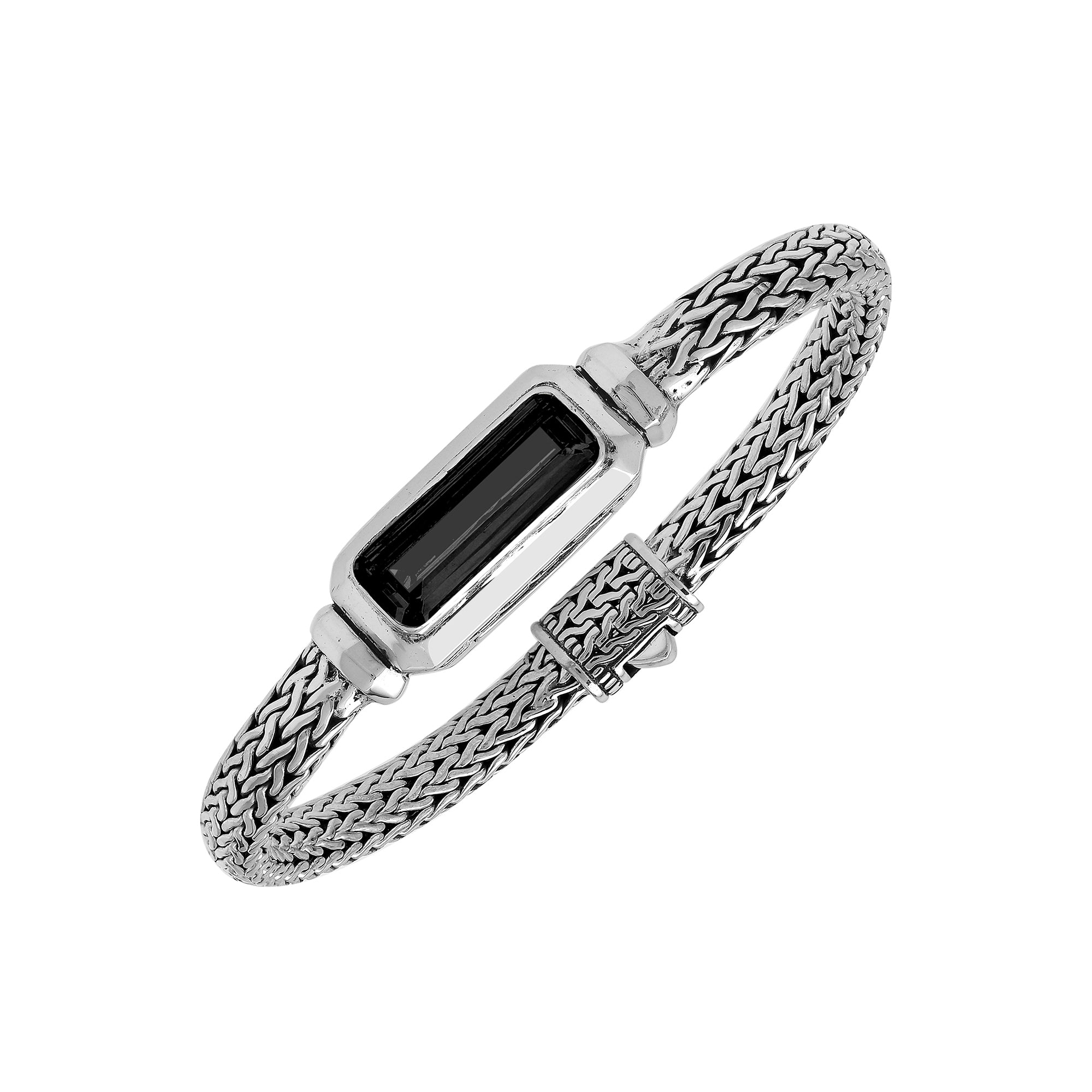 Sterling Silver woven bracelet featuring a polished push clasp and an elongated Black Onyx rectangular centerpiece, crafted with refined detailing for durable, elegant wholesale presentation.