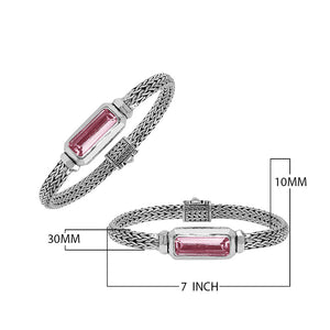 Wholesale sterling silver bracelet featuring a rectangular pink quartz baguette with a handwoven silver chain handcrafted in Bali.