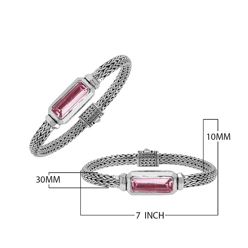 Wholesale sterling silver bracelet featuring a rectangular pink quartz baguette with a handwoven silver chain handcrafted in Bali.