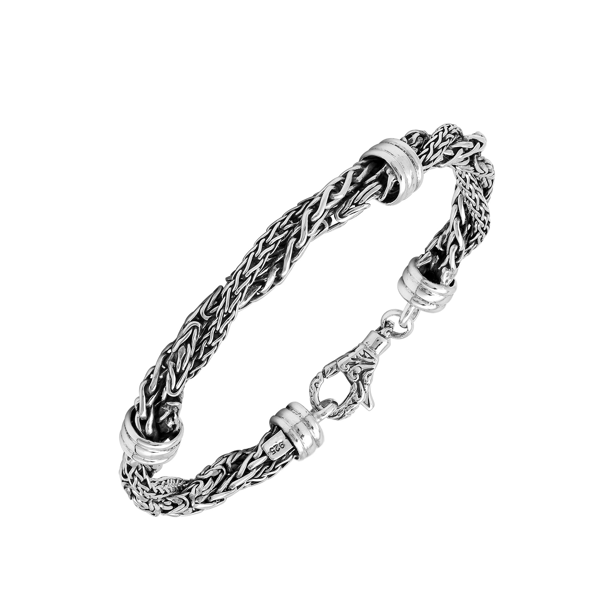 Sterling Silver bracelet featuring a twisted woven chain design with polished metal connectors and a secure lobster clasp, crafted for durable and elegant wholesale presentation.