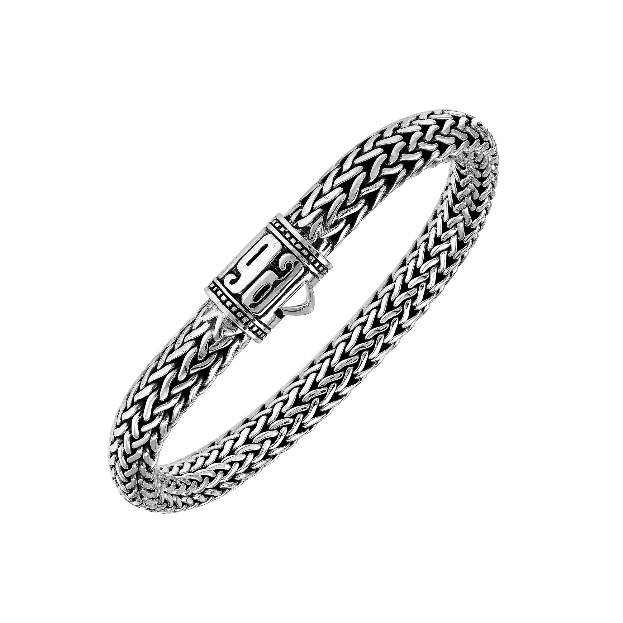 Sterling Silver woven bracelet featuring a patterned push lock and a polished high-gloss finish, crafted for durability and refined wholesale presentation.