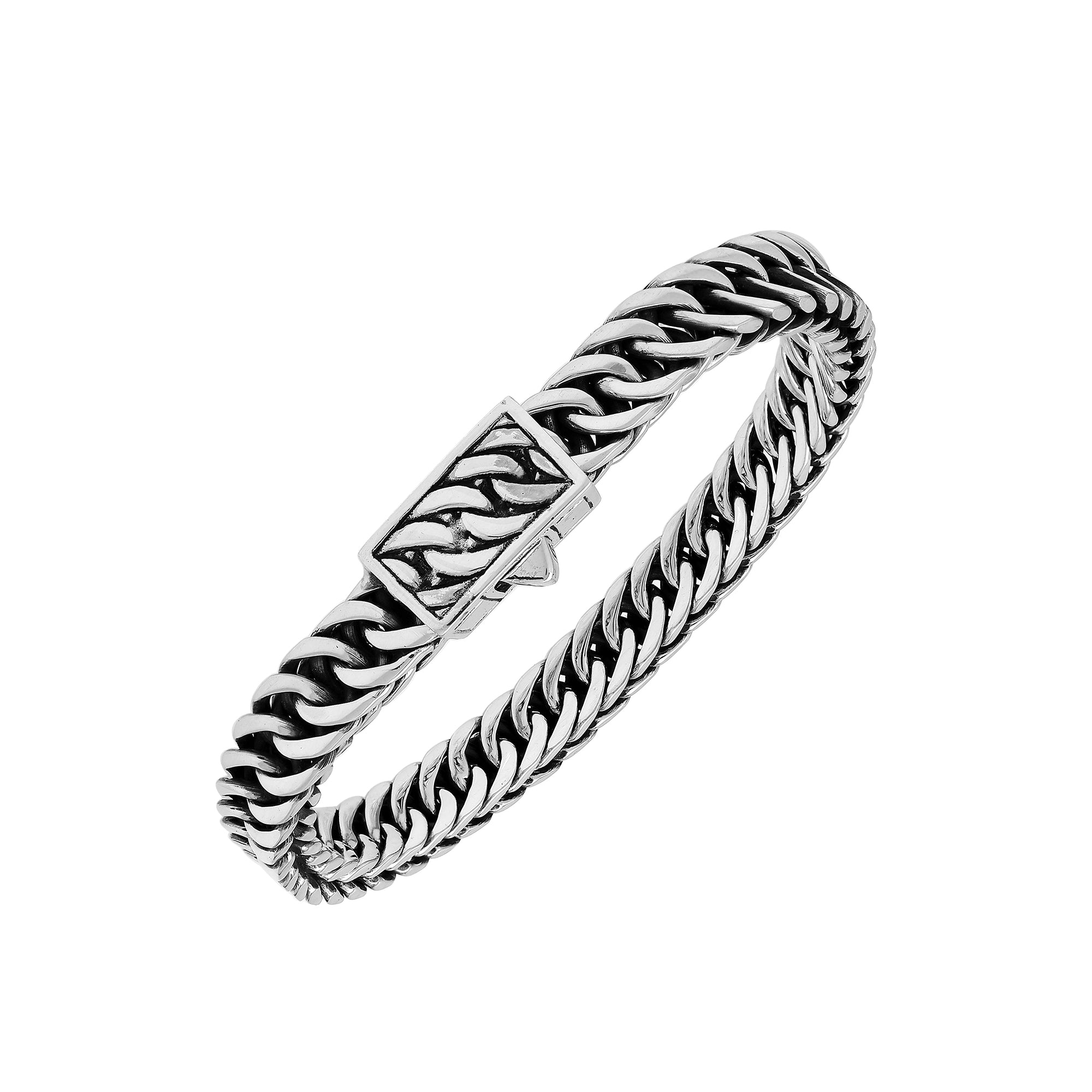 Sterling silver Cuban chain bracelet with box clasp and oxidized inner detailing handcrafted in Bali.