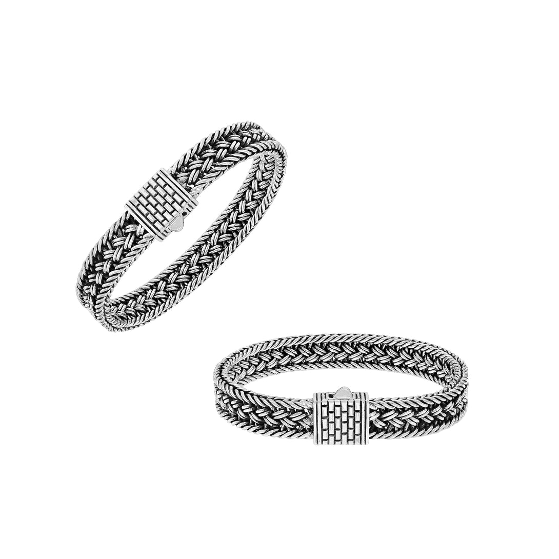 Sterling silver braided chain bracelet with textured clasp handcrafted in Bali.