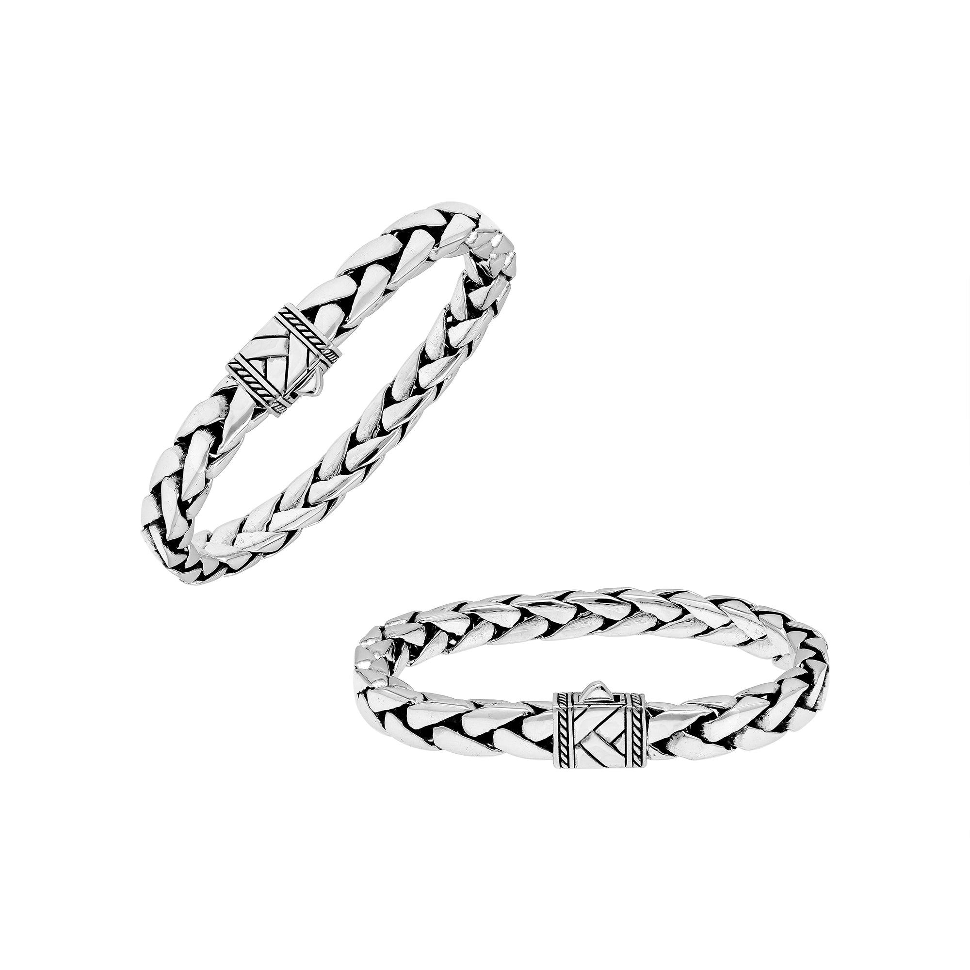 Wholesale sterling silver handwoven chain bracelet with decorative carved clasp – artisan Bali jewelry, bulk silver bracelets supplier