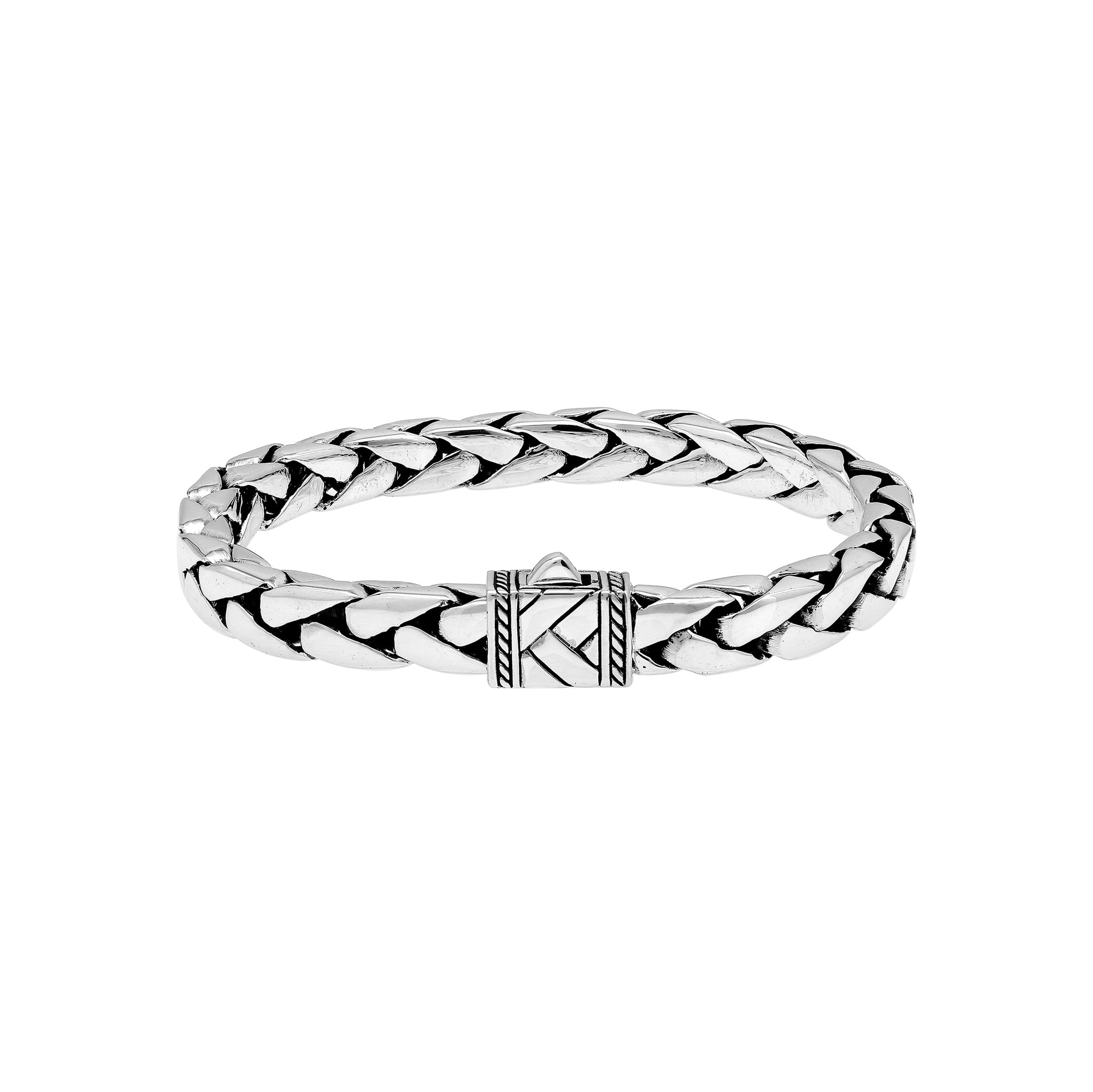 Wholesale sterling silver handwoven chain bracelet with decorative carved clasp – artisan Bali jewelry, bulk silver bracelets supplier