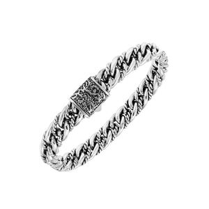 Sterling silver woven chain bracelet with textured clasp, handmade Bali jewelry available for wholesale bulk purchase