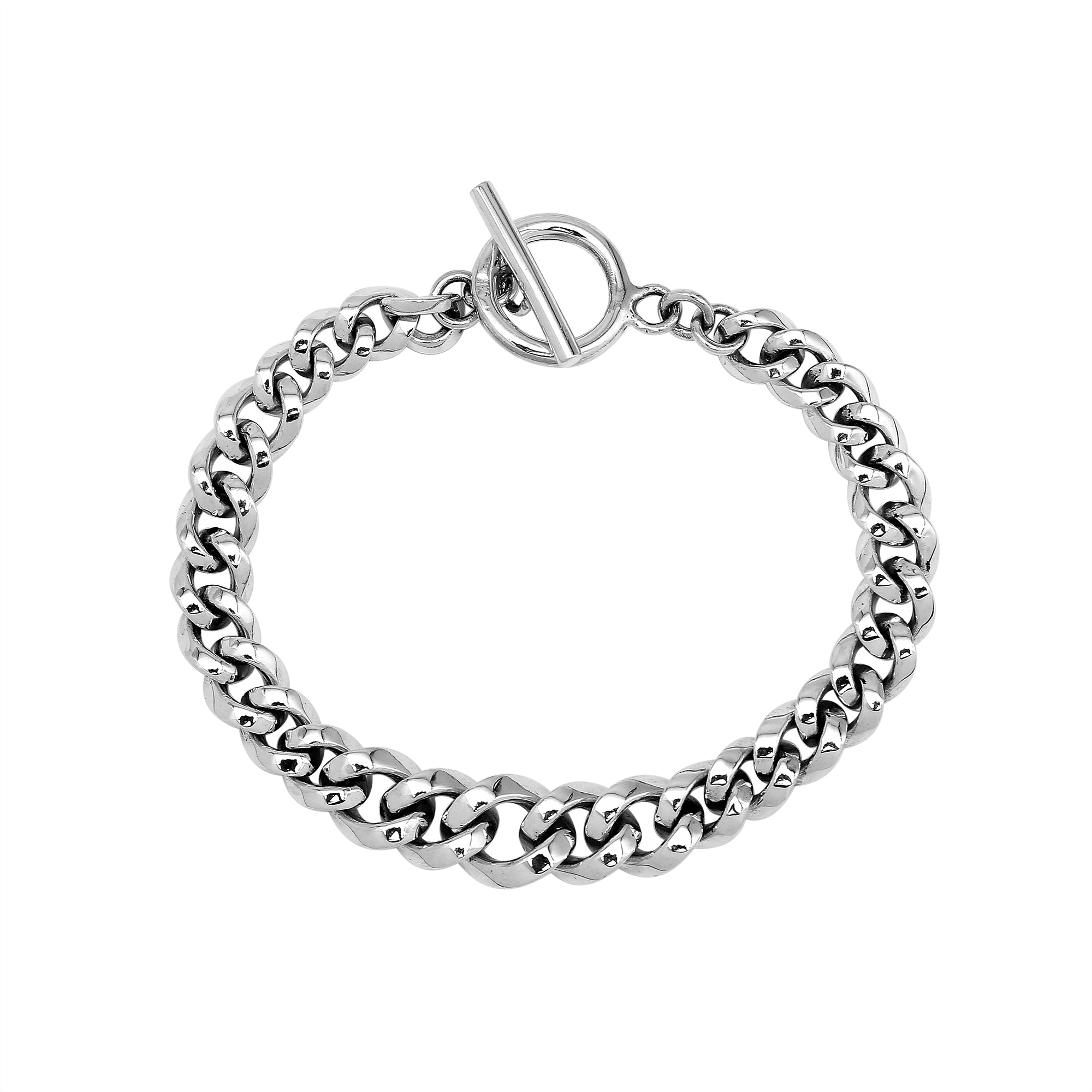 Sterling Silver curb chain bracelet featuring a smooth toggle lock and polished high-gloss surface, crafted to provide durable structure for premium wholesale presentation.