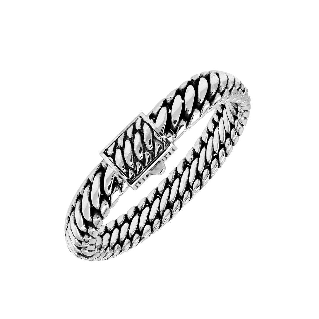 Sterling silver bold chain link bracelet with mirror-polished square clasp handcrafted in Bali.