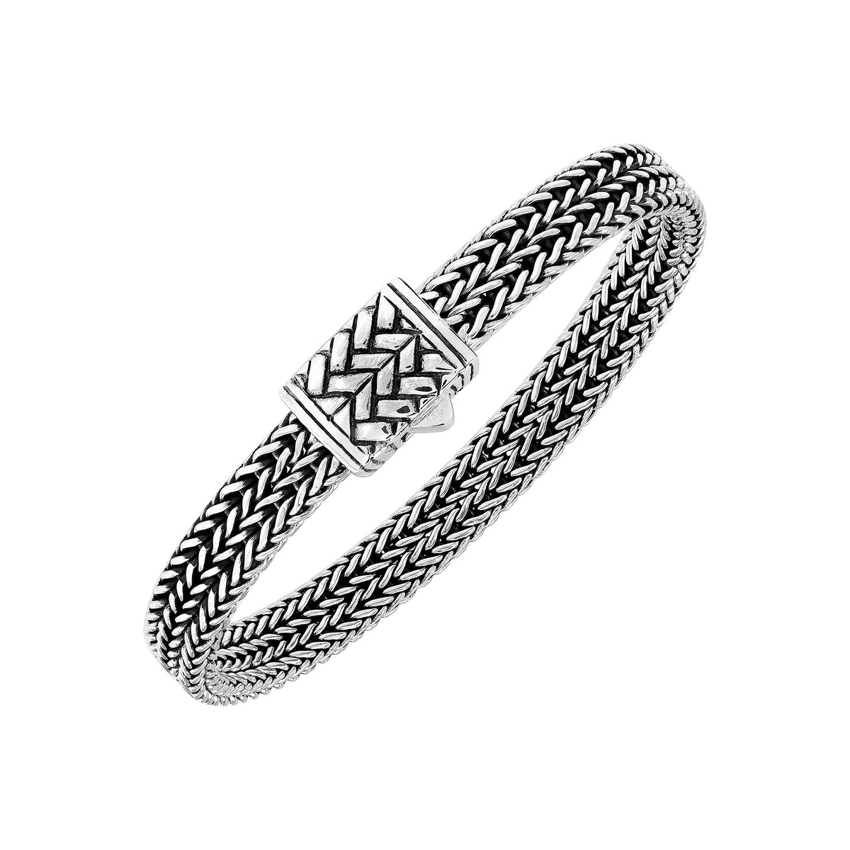 Sterling silver flat multi-strand woven braided chain bracelet featuring tightly interlaced silver links, oxidized detailing, and a decorative geometric push clasp, displayed from two angles.